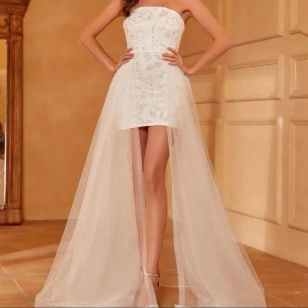 Strapless White Dress with Sheer Overlay